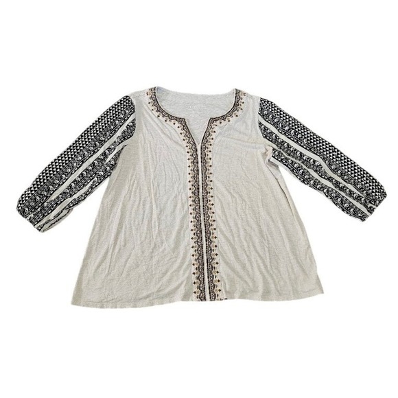 J. Jill Tops - J. Jill Pure Jill Elements Embroidered Mixed Media Top Gray Cream Boho Large